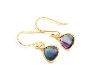 Oorbellen met hartje van 14k goud en fluoriet, sieraden met regenboogkleurige edelstenen.
