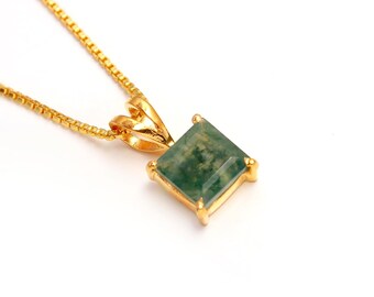 Pendentif carré en agate mousse naturelle, collier de créateur vintage en or 14 carats