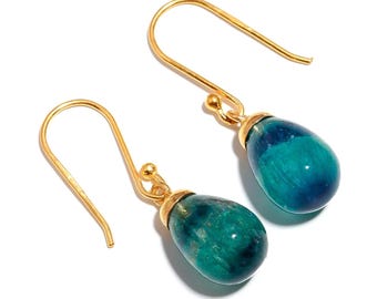 Pendientes de lágrima de fluorita natural en oro de 14 quilates, hechos a mano.