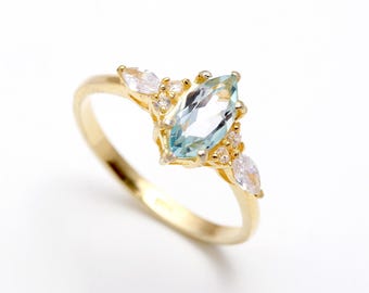 Sky Blue Topaz Marquise Ring, 4k Gold Dainty Jewelry, Designer Ring