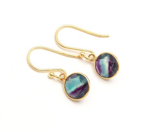 14k Gold Rainbow Fluorite Round Dangle Earrings, Handmade Elegant Jewelry