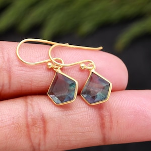 Pendientes colgantes de fluorita natural con forma de escudo, joyería delicada de oro de 14 quilates, pendientes hechos a mano, pendientes de diseñador, pendientes con dije, regalo de Navidad