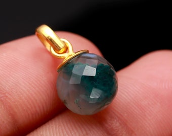 Pendentif boule en agate mousse et or 14 carats, collier en pierre précieuse fait main