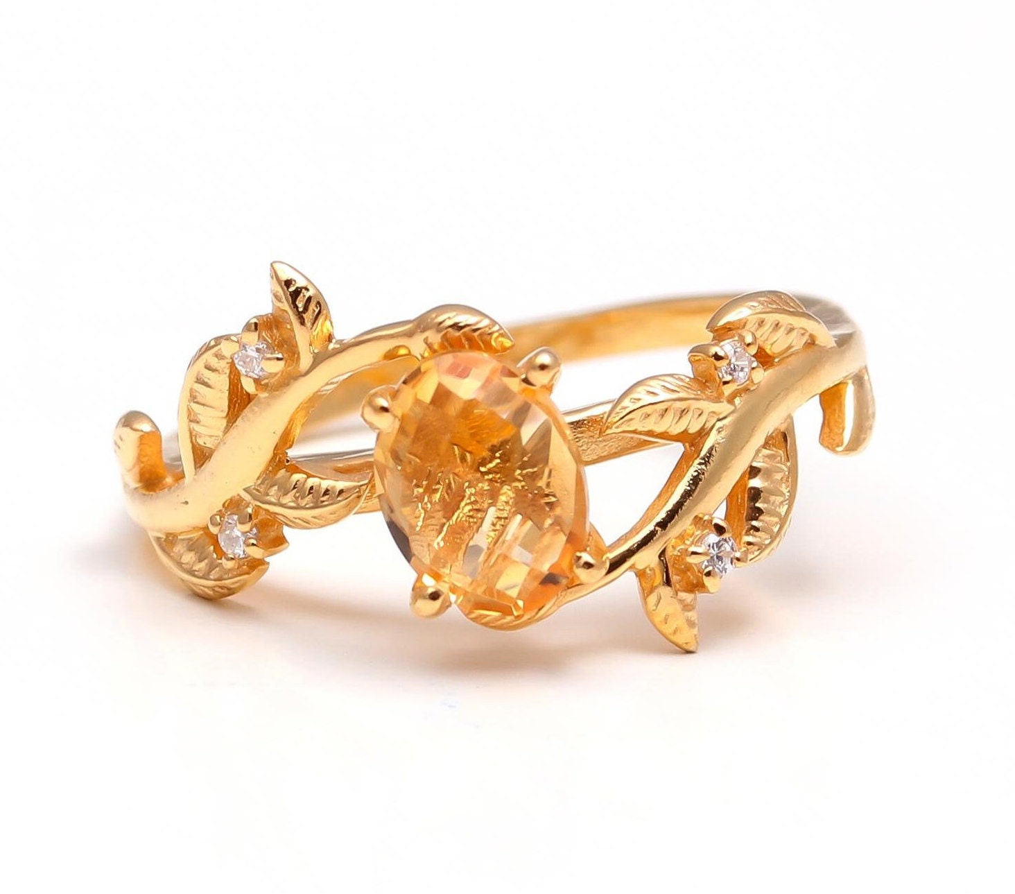 14K Gold Citrine Oval Leaf Ring, Handmade Statement Jewelry, Engagement…