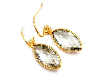 14K Gold Green Amethyst Marquise Dangle Earrings, Dainty Boho Jewelry