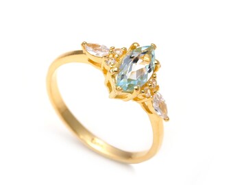 Sky Blue Topaz Marquise Ring, 14K Gold Handmade Promise Ring