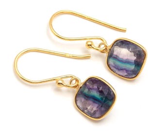 14k Gold Fluorite Square Dangle Earrings, Solitaire Lightweight Jewelry