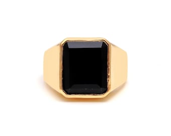 14K Gold Black Onyx Octagon Men's Ring, Handmade Statement Jewelry