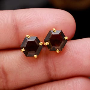 14K Gold Smoky Quartz Hexagon Stud Earrings, Handmade Jewelry