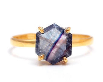 14K Gold Rainbow Fluorite Hexagon Ring: Handmade Vintage Statement Jewelry