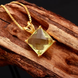 Natural Lemon Quartz Square Shape Pendant, 14K Gold Vintage Jewelry, Handmade Necklace, Minimalist Pendant, Chunky Pendant, Birthday Gift