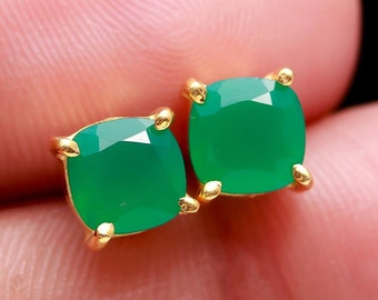 Green Onyx Stud Earrings • 14K Yellow Gold Earrings • Green Stud Earrings • Natural Onyx Jewelry • Cushion Earrings for Women • Mini Studs