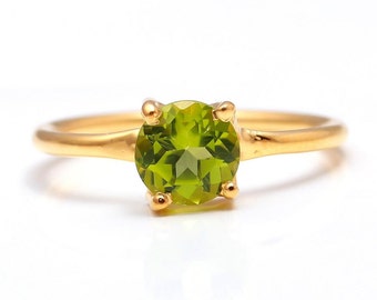 Natural Peridot Round Cut Ring, 14k Gold Minimalist Bohemian Dainty Jewelry