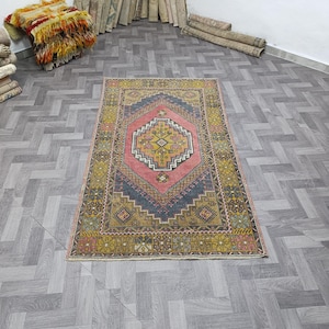 4x6 Vintage Turkish carpet Bedroom Rug handmade rug Mini Oushak area rug,deorc rug blue yellow rug 4x6, antique kitchen Rug entrance rug