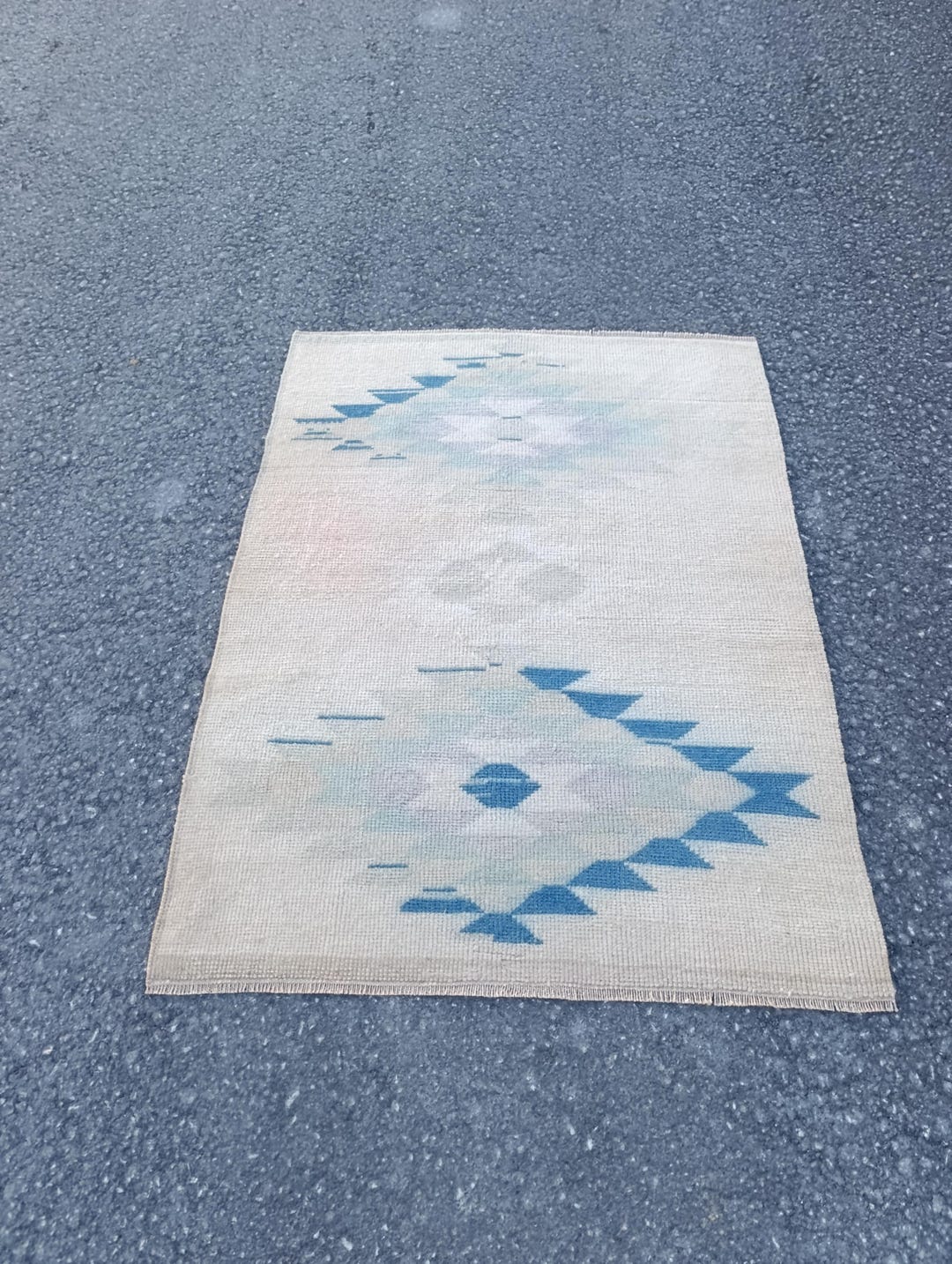 3x4 Handwoven Wool Oushak Rug: Blue Beige Turkish Bohemian Decor (3x4 ...