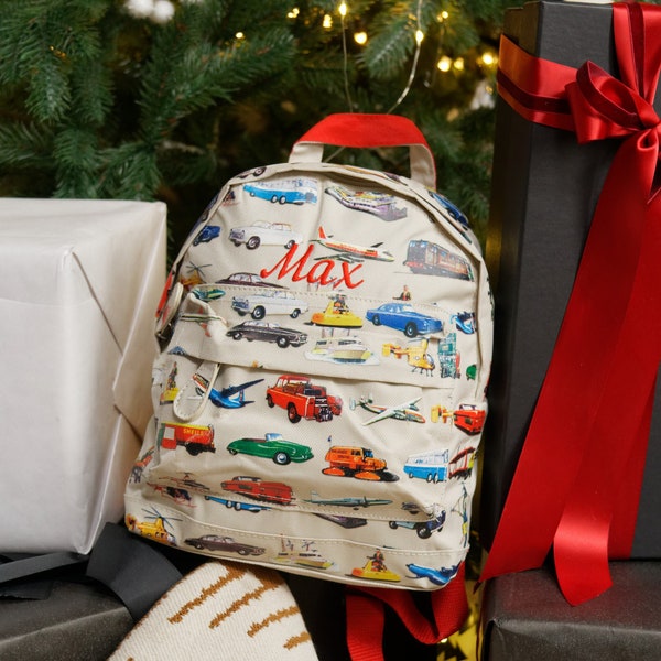 Christmas Baby Gift Retro Cars Kid Backpack Personalised White Custom Embroidered Name Nursery Kindergarten Preschool Toddler Cute Bag