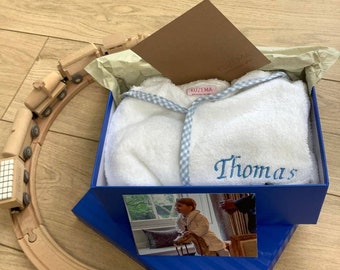 Royal Prince Benutzerdefinierter Baby-Bademantel, Kinder-Morgenmantel, bestickter Name, weiße blaue Paspelierung, personalisiertes Fleece-Baumwolle, Babyshower-Geburtstagsgeschenk