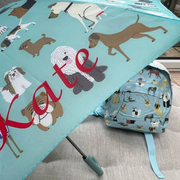 Puppy Dog Kids Set Personalised Backpack + Umbrella Child Baby Rain Monogramed Custom Name Accessories Birthday Back to School Gift