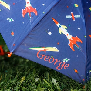 Personalised Kids Space Rocket Umbrella Custom Monogrammed Name Child Rain Accessory Back to School Birthday Christmas Gift Baby Children