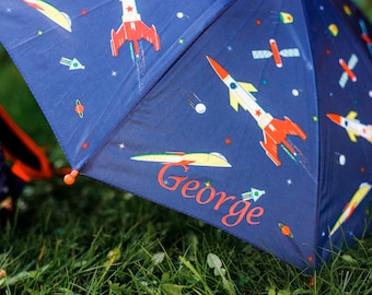 Personalised Kids Space Rocket Umbrella Custom Monogrammed Name Child Rain Accessory Back to School Birthday Christmas Gift Baby Children