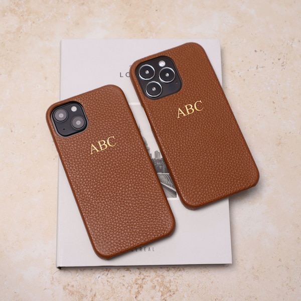 Personalised Brown Pebble Leather Phone Case, iPhone 11, 11 Pro, 11 Pro Max, 12, 12 Pro, 12 Pro Max with Customised Name or Initials.