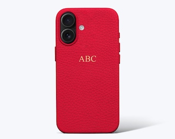 Personalised Red Pebble Leather Phone Case with buttons - iPhone 16, iPhone 16 Pro, iPhone 16 Pro Max with Customised Name or Initials.