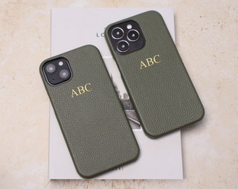 Personalised Khaki Green Pebble Leather Phone Case - iPhone 13, iPhone 13 Pro, iPhone 13 Pro Max with Customised Name or Initials.