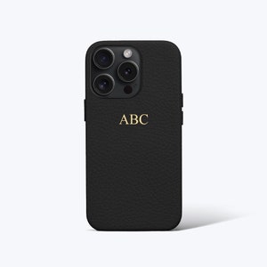 Personalised Black Pebble Leather Phone Case with buttons - iPhone 15, iPhone 15 Pro, iPhone 15 Pro Max with Customised Name or Initials.
