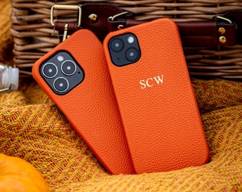 Personalised Orange Pebble Leather Phone Case, iPhone 13, 13 Pro, 13 Pro Max w Customised Initials