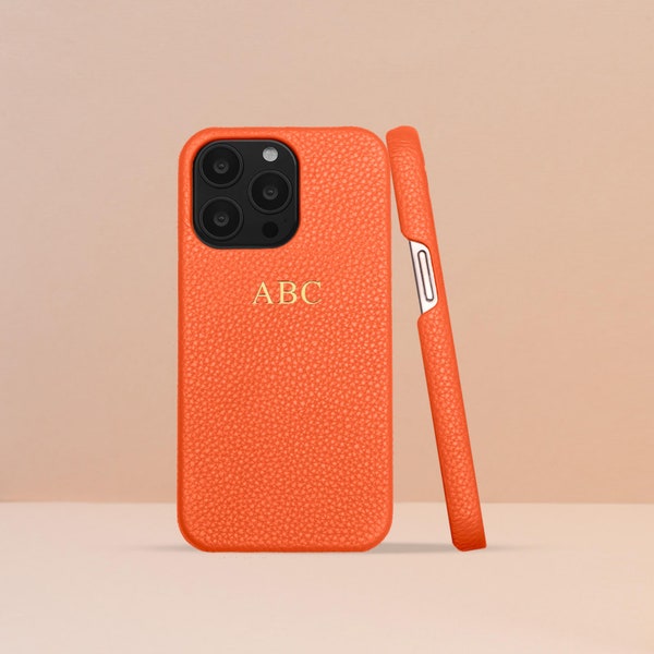 Coque de portable personnalisée en cuir grainé orange, iPhone 14, 14 Max, 14 Pro, 14 Pro Max avec initiales personnalisées, Meilleur cadeau