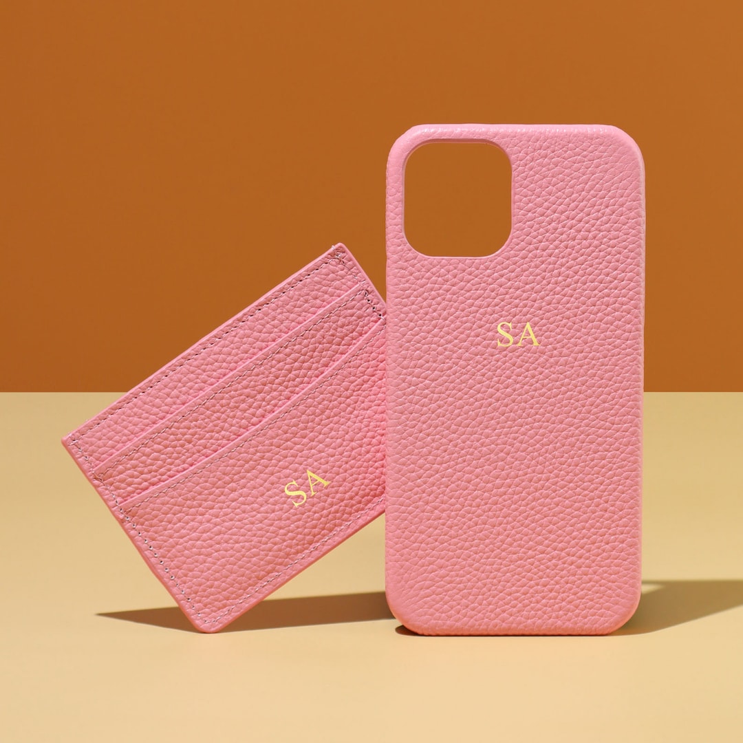 Personalised Pink Pebble Leather Phone Case & Card Holder Set iPhone 13