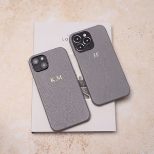 Personalised Grey Pebble Leather Phone Case, iPhone 13 Mini, iPhone 13, iPhone 13 Pro, iPhone 13 Pro Max with Customised Name or Initials.