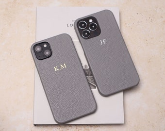 Personalised Grey Pebble Leather Phone Case, iPhone 13 Mini, iPhone 13, iPhone 13 Pro, iPhone 13 Pro Max with Customised Name or Initials.