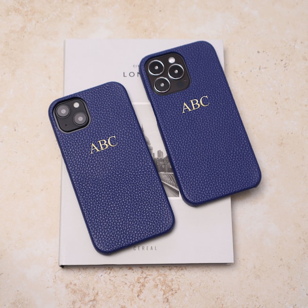 Personalised Blue Pebble Leather Phone Case, iPhone 13 Mini, iPhone 13, iPhone 13 Pro, iPhone 13 Pro Max with Customised Name or Initials.