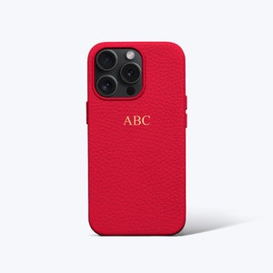 Gepersonaliseerde rode leren telefoonhoes met knopen - iPhone 14, iPhone 14 Pro, iPhone 14 Pro Max met aangepaste naam of initialen.