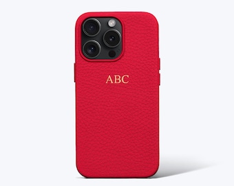 Personalised Red Pebble Leather Phone Case with buttons - iPhone 14, iPhone 14 Pro, iPhone 14 Pro Max with Customised Name or Initials.