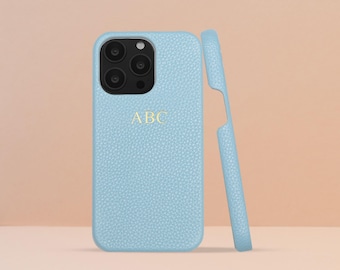Personalised Light Blue Pebble Leather Phone Case, iPhone 13, 13 Pro and 13 Pro Max with Customised Name or Initials