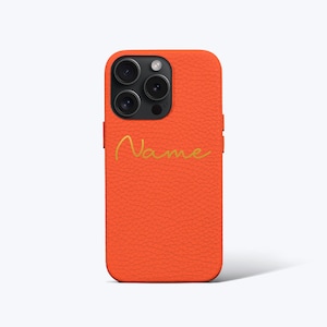 Personalised Orange Pebble Leather iPhone Case Full Wrap - iPhone 15, iPhone 15 Plus, iPhone 15 Pro, iPhone 15 Pro Max with wave font