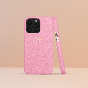Gepersonaliseerde roze leren telefoonhoes, iPhone 14, iPhone 14 Max, iPhone 14 Pro, iPhone 14 Pro Max met aangepaste initialen/monogram