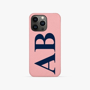 Personalised Pink Pebble Leather Phone Case, iPhone 13, iPhone 13 Pro & iPhone 13 Pro Max with Customised Times New Roman Initials.