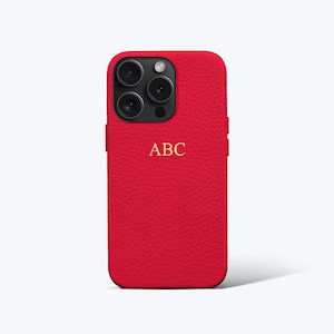 Personalised Red Pebble Leather iPhone Case Full Wrap - iPhone 15, iPhone 15 Plus, iPhone 15 Pro, iPhone 15 Pro Max with monogram Initials.