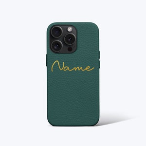 Personalised Green Pebble Leather iPhone Case Full Wrap - iPhone 15, iPhone 15 Plus, iPhone 15 Pro, iPhone 15 Pro Max with wave font