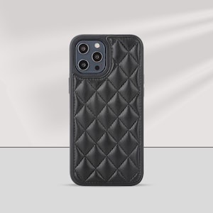 Personalised Black Quilted Leather Phone Case, iPhone 12, 12Pro, 12 Pro Max, iPhone 13, 13 Pro, 13 Pro Max with Customised Initials.