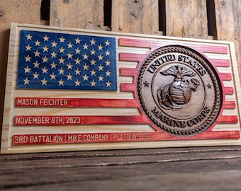 Military Retirement Gift | Custom Wood American Flag With Army Navy Air Force Marine Seal