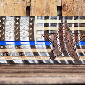 Police Retirement Plaque | Custom Thin Blue Line Flag with Engraved Badge