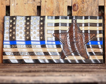 Police Retirement Plaque | Custom Thin Blue Line Flag with Engraved Badge
