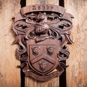 Custom Wood Carved Family Crest - Hand Finished Coat of Arms
