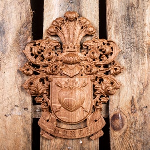 Artisan Carved Family Crest, Solid Hardwood Coat of Arms