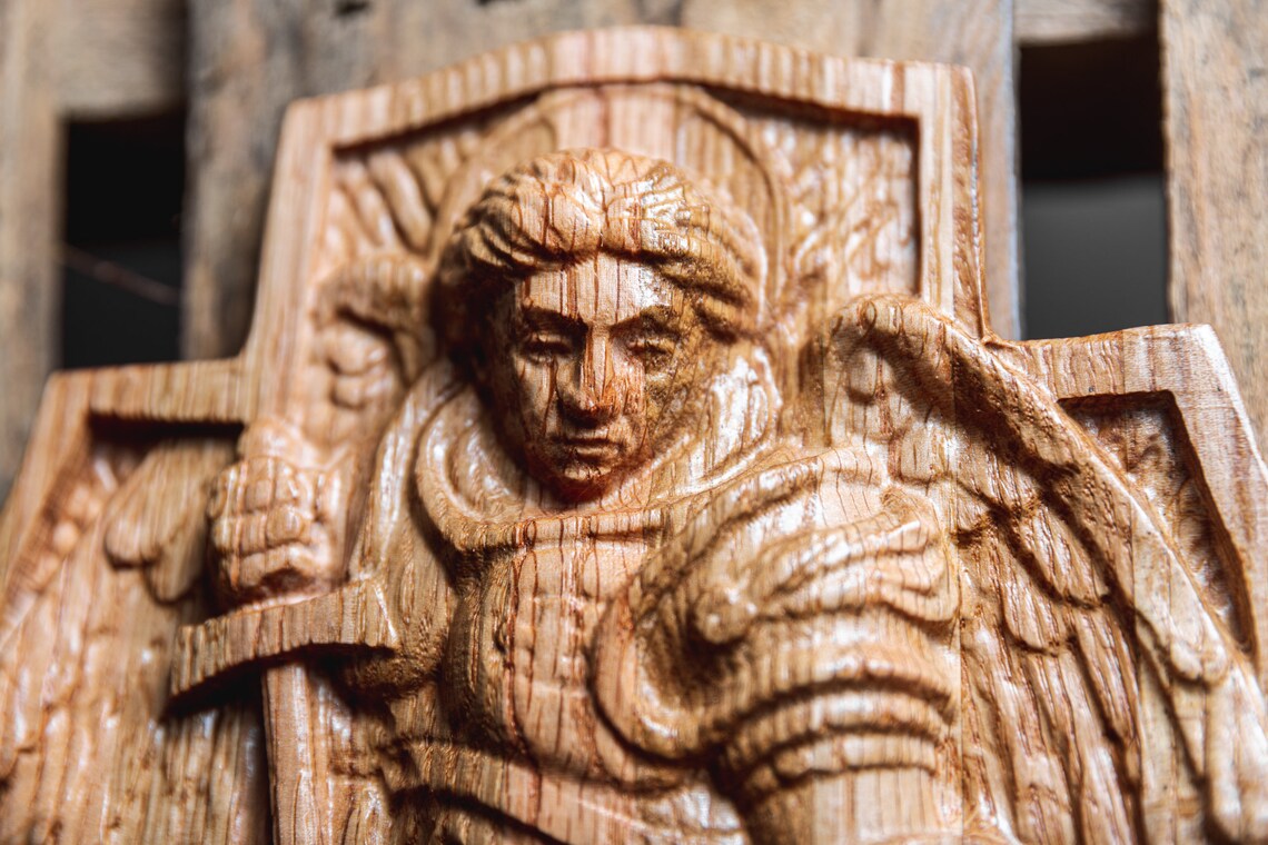 Large Archangel Michael Wood Cross Christian Art Wood Carving Etsy