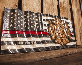 Ultimate Personalized Thin Red Line Flag | Firefighter Gift | Fireman Retirement Gift | Wavy Flag | Gifts for Him | Handmade Wood Flag